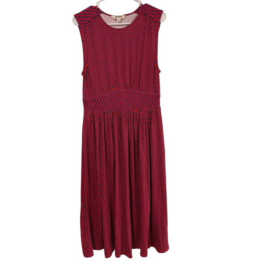 Boden Womens Red Blue Geometric Print Sleeveless Jersey Midi Dress Size 8R